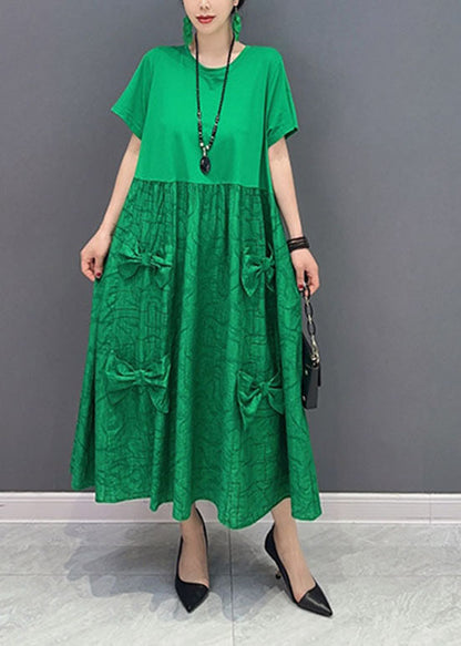 Simple Green O-neck Patchwork Jacquard Cotton Long Dresses Summer