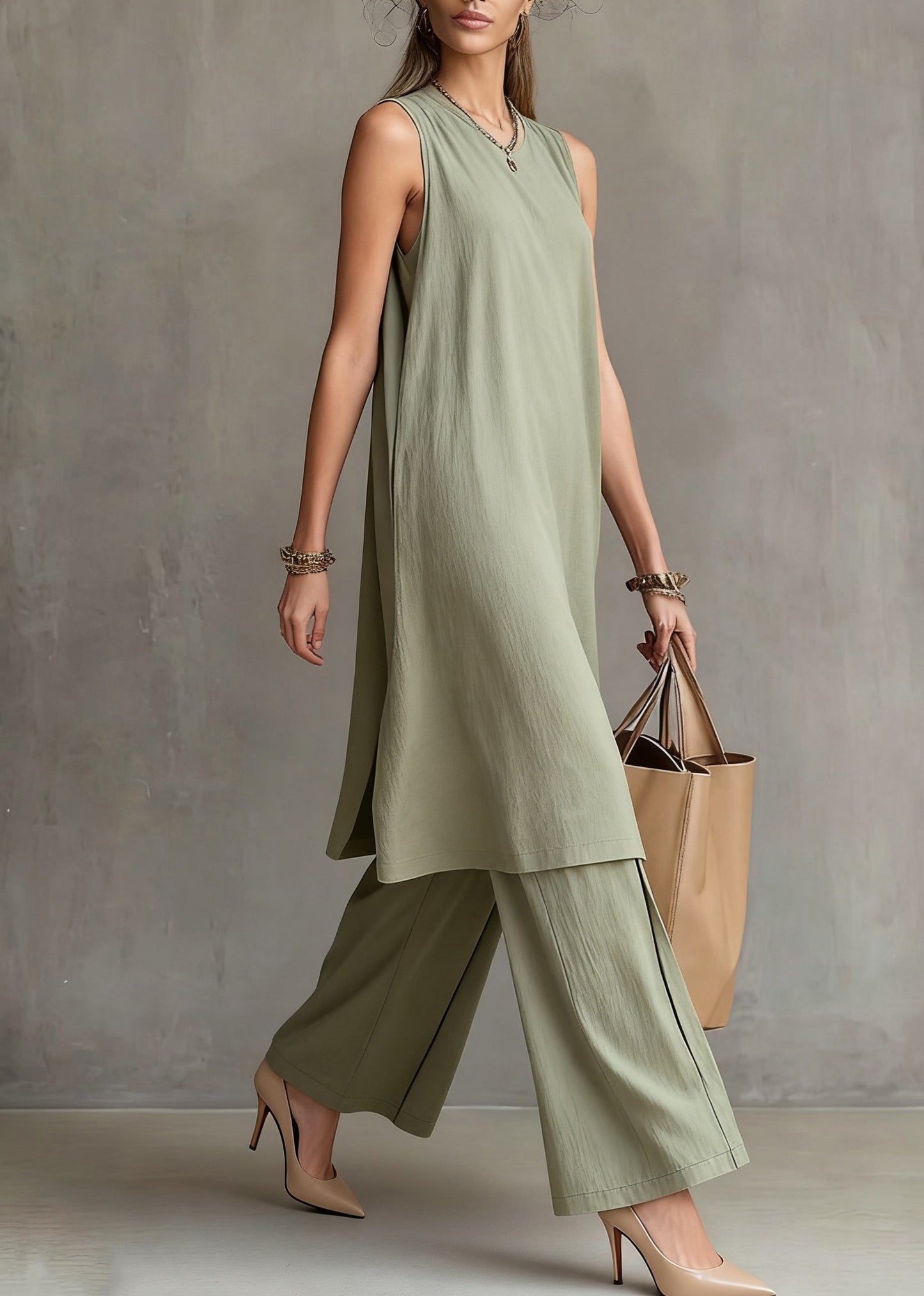 Simple Green O-neck Tank Dress and Wide Leg Pants Cotton Two Piece Set Sleeveless