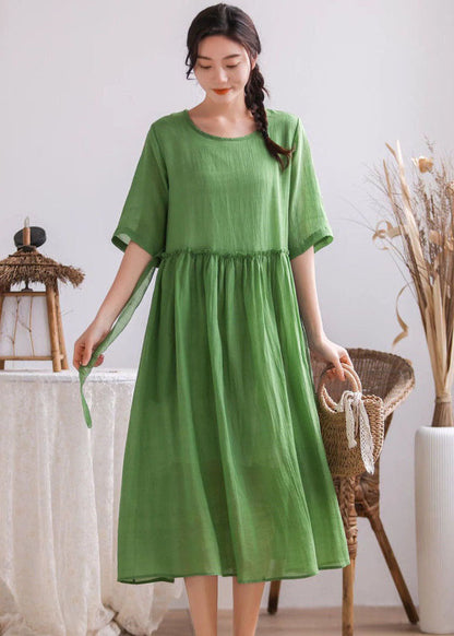 Simple Green O Neck Wrinkled Patchwork Cotton Blend Dress Summer