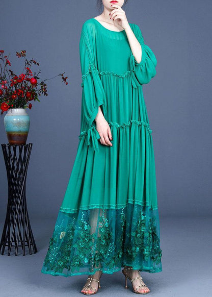 Simple Green Patchwork Lace Embroideried Hollow Out Summer Dress