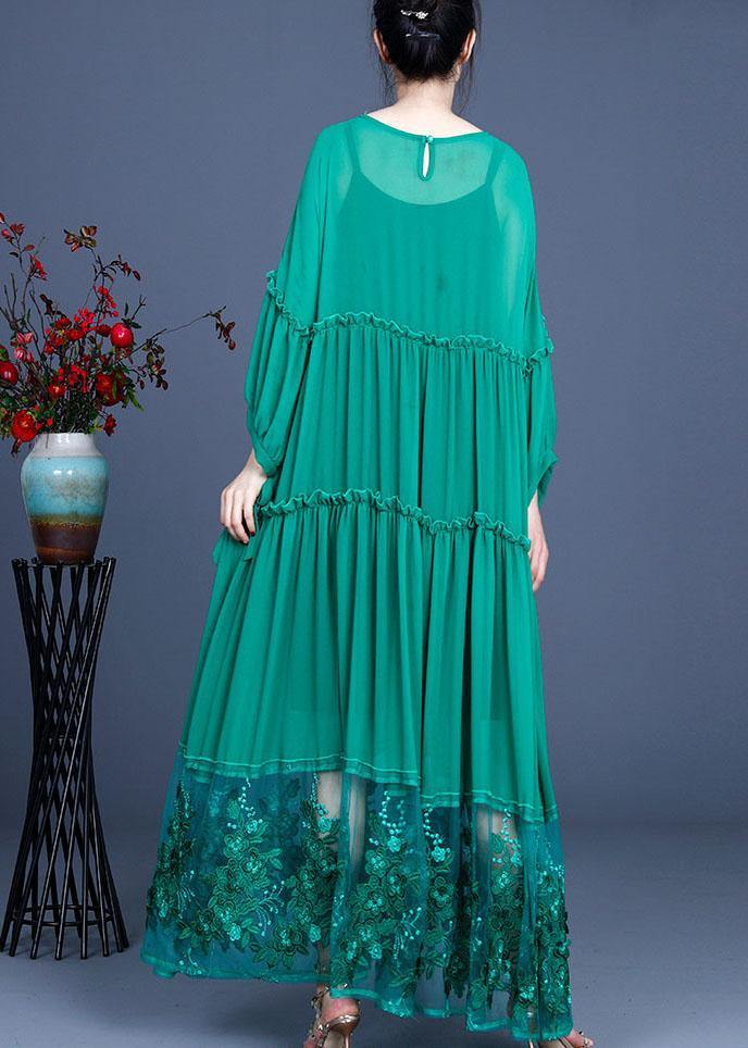 Simple Green Patchwork Lace Embroideried Hollow Out Summer Dress