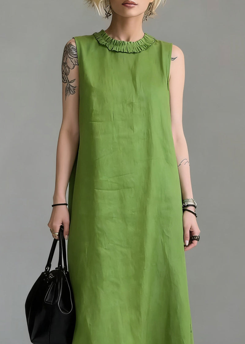 Simple Green Ruffled Cotton Long Dress Sleeveless