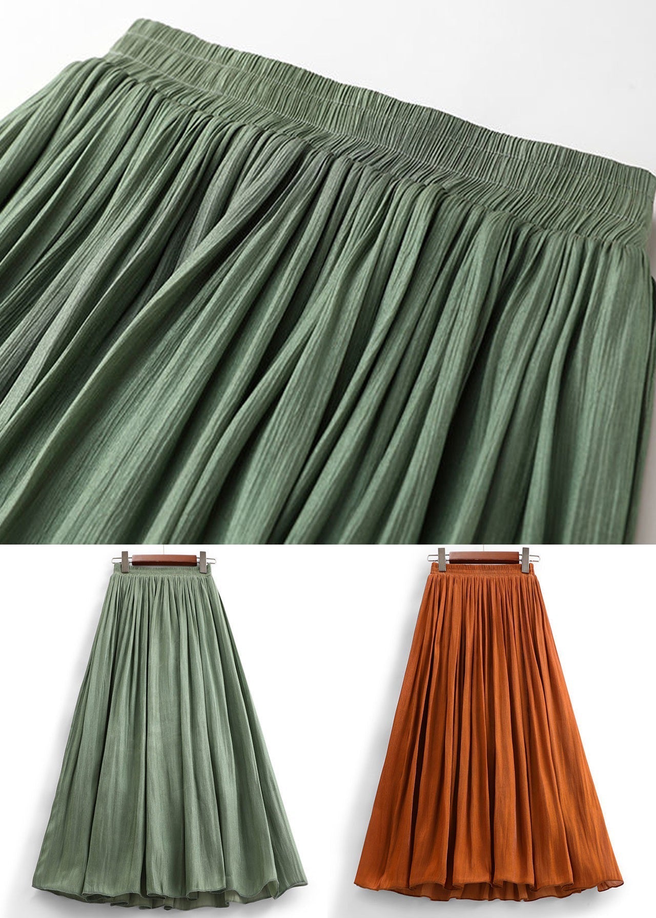 Simple Green Elastic Waist Cotton Skirt Summer