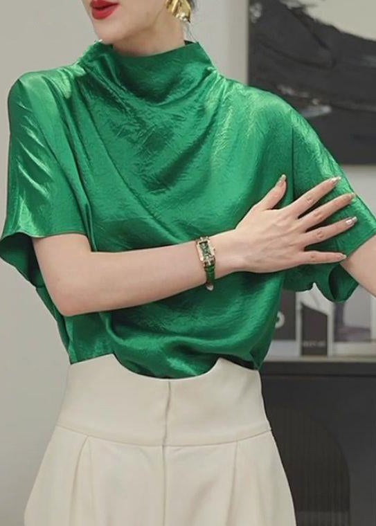 Simple Green Turtleneck Cotton T Shirt Short Sleeve