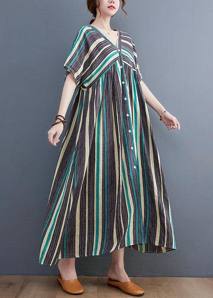 Simple Green Striped V Neck Patchwork Cotton Linen Long Dress