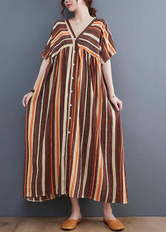 Simple Green Striped V Neck Patchwork Cotton Linen Long Dress