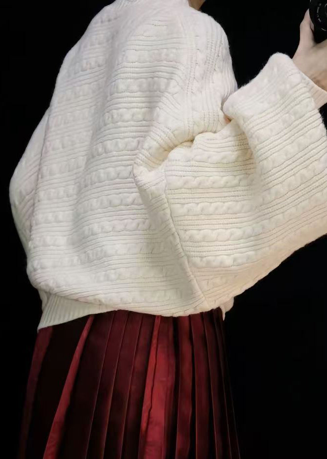 Simple Green Turtleneck Cable Knit Sweaters Lantern Sleeve