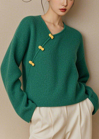 Simple Green V Neck Button Knit Sweater Spring