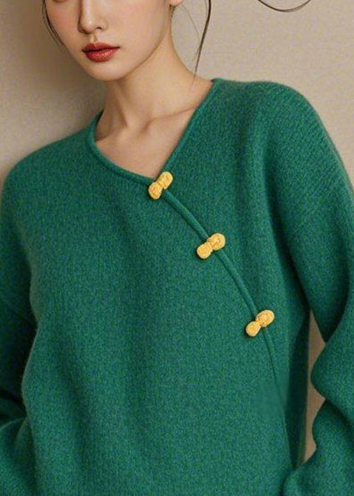 Simple Green V Neck Button Knit Sweater Spring