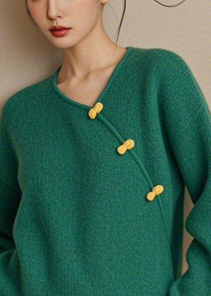 Simple Green V Neck Button Knit Sweater Spring