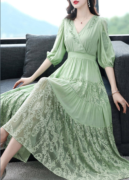 Simple Green V Neck Embroidered Elastic Waist Silk Long Dress Short Sleeve