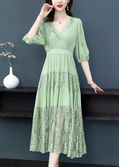 Simple Green V Neck Embroidered Elastic Waist Silk Long Dress Short Sleeve