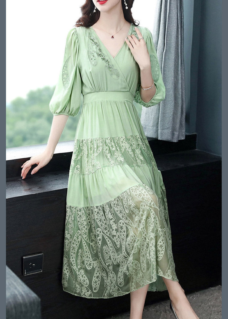 Simple Green V Neck Embroidered Elastic Waist Silk Long Dress Short Sleeve