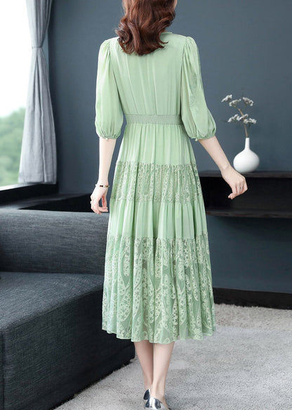 Simple Green V Neck Embroidered Elastic Waist Silk Long Dress Short Sleeve