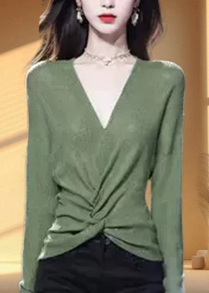 Simple Green V Neck Cozy Knit Sweater Fall