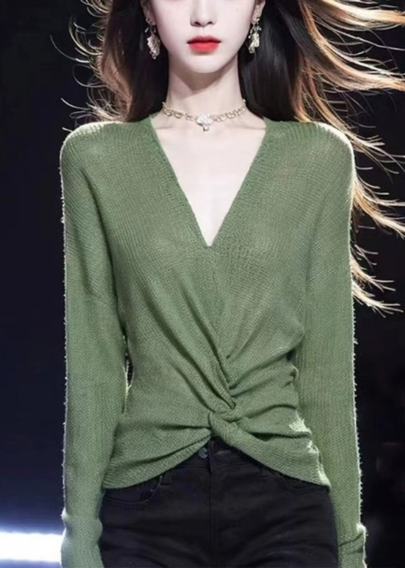 Simple Green V Neck Cozy Knit Sweater Fall