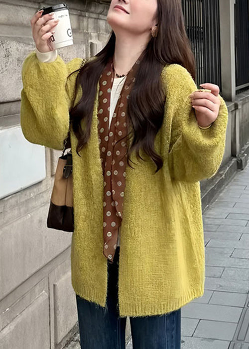 Simple Green V Neck Knit Cardigans Fall