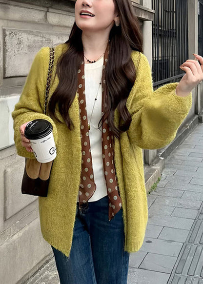 Simple Green V Neck Knit Cardigans Fall