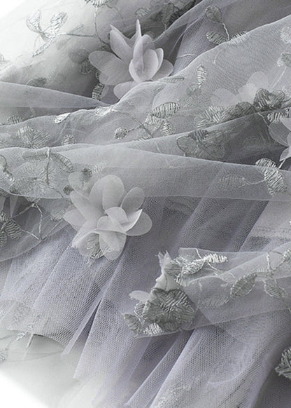 Simple Grey Embroideried Elastic Waist Tulle a Line Skirts Spring