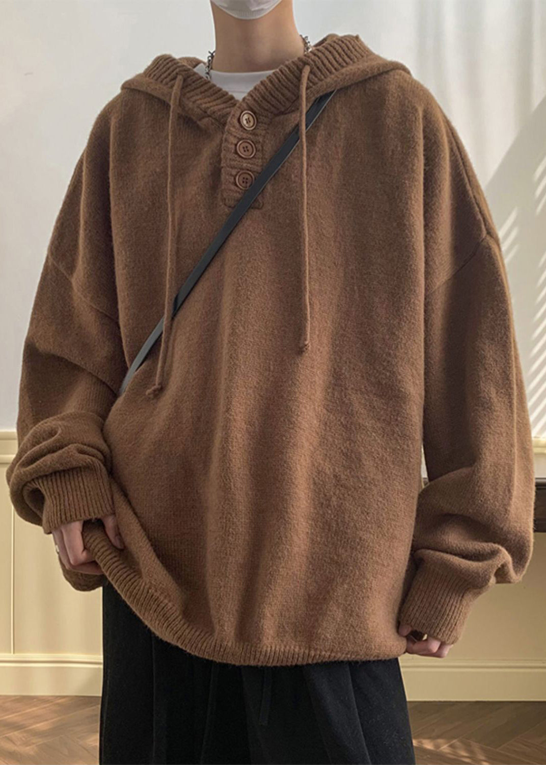 Simple Grey Hooded Button Knit Sweaters Winter