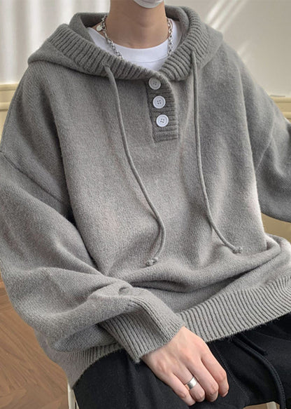 Simple Grey Hooded Button Knit Sweaters Winter