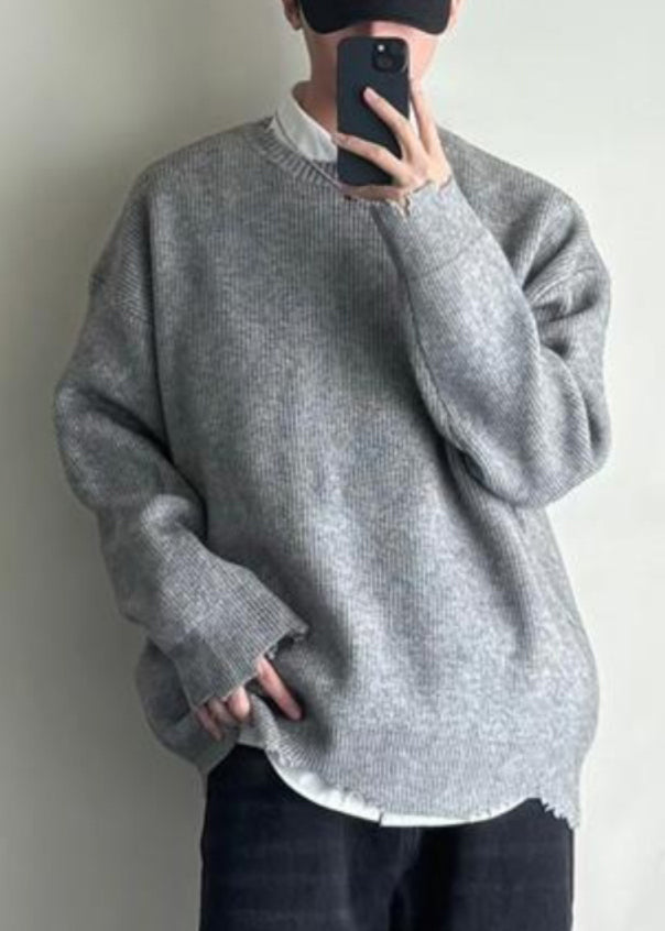 Simple Grey O Neck Hole Knit Sweaters Spring