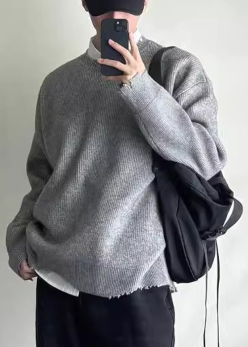 Simple Grey O Neck Hole Knit Sweaters Spring