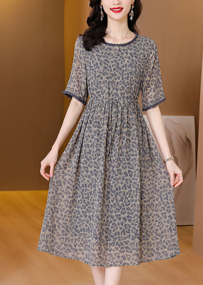 Simple Grey O-neck Leopard Print Tie Waist Silk Cinch Dresses Short Sleeve