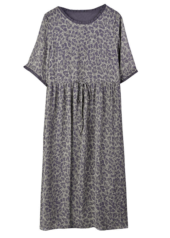 Simple Grey O-neck Leopard Print Tie Waist Silk Cinch Dresses Short Sleeve