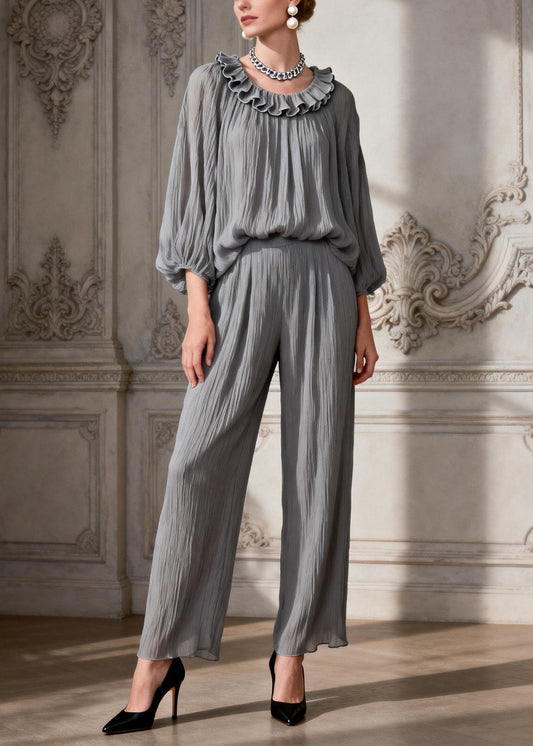Simple Grey O Neck Ruffled Two Pieces Set Spring