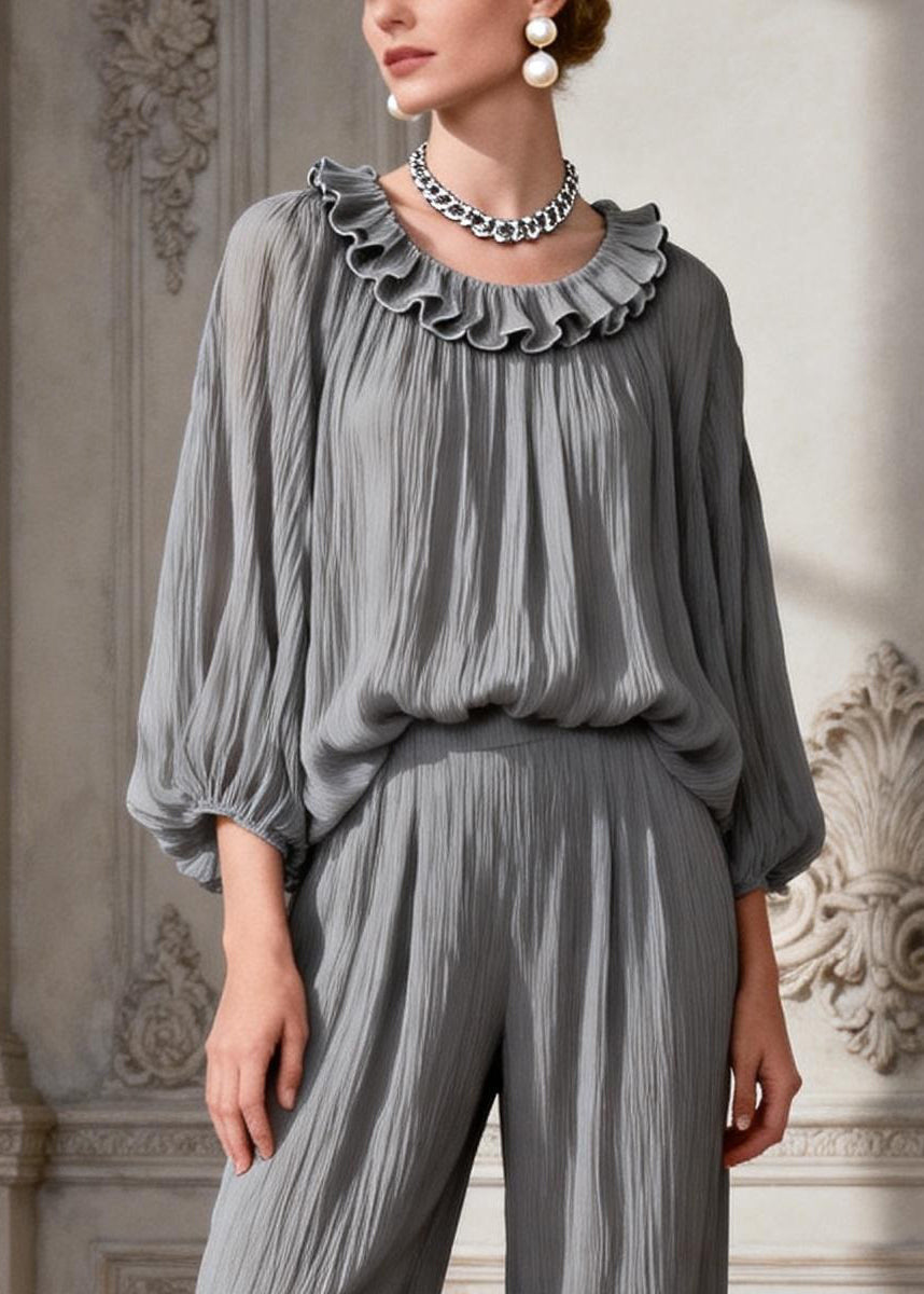 Simple Grey O Neck Ruffled Two Pieces Set Spring