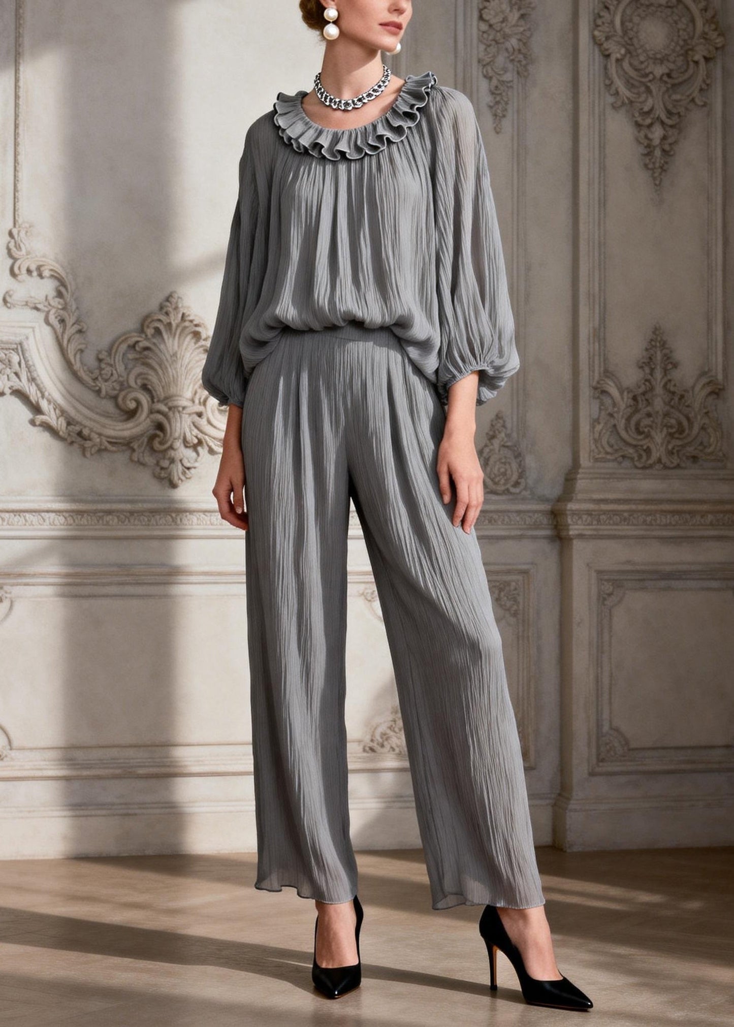 Simple Grey O Neck Ruffled Two Pieces Set Spring