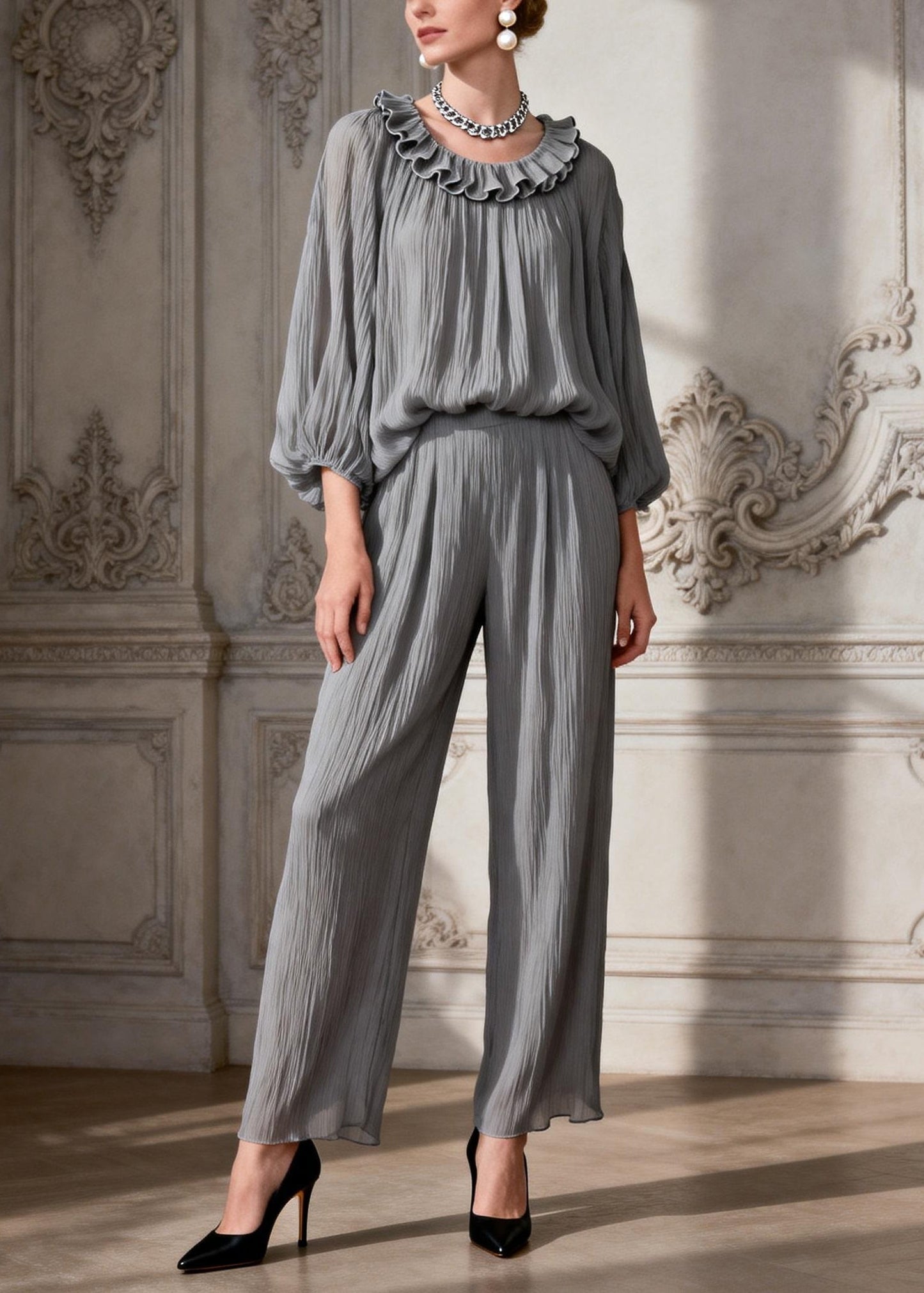 Simple Grey O Neck Ruffled Two Pieces Set Spring