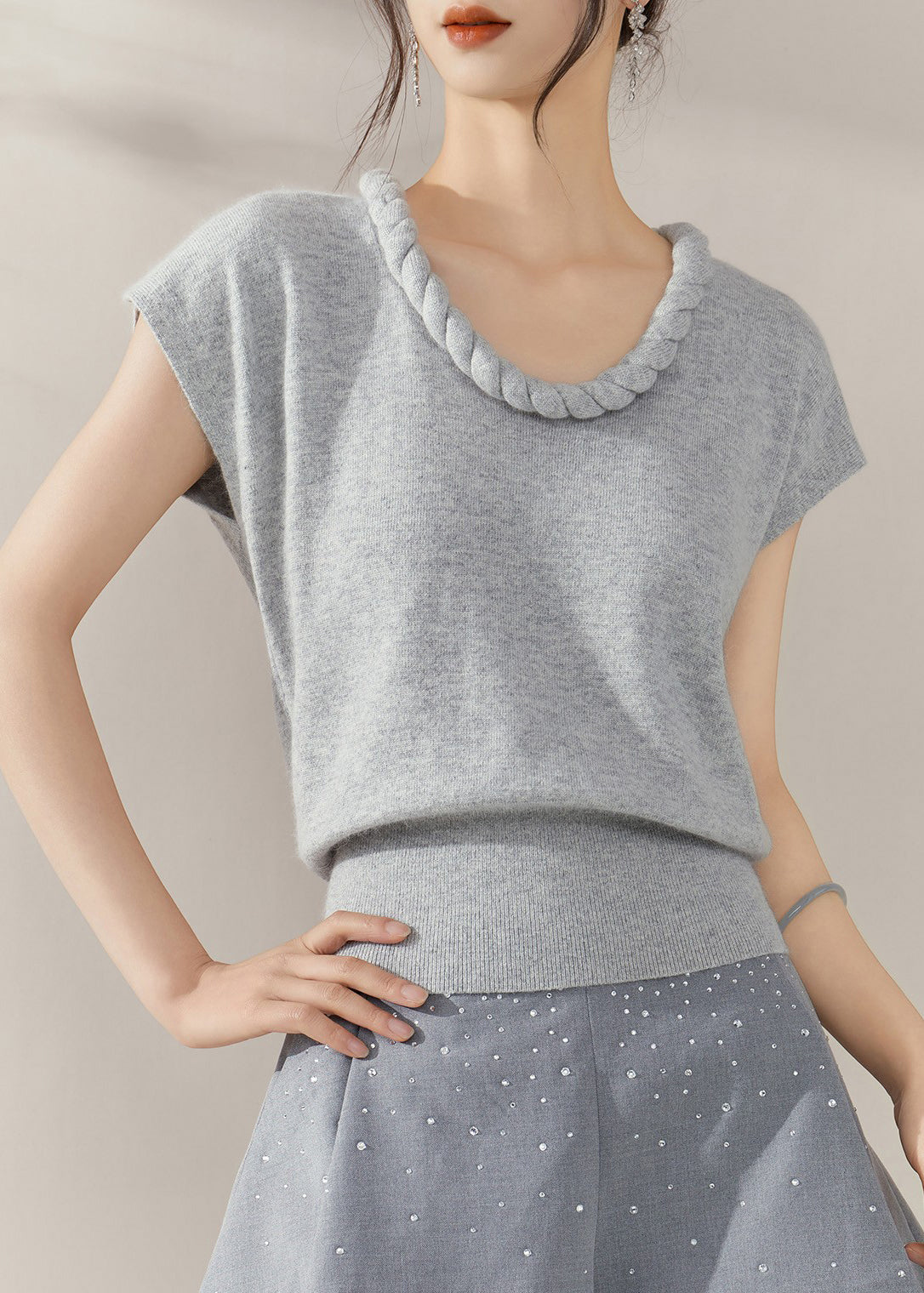 Simple Grey O Neck Cable Knit Sweater Summer