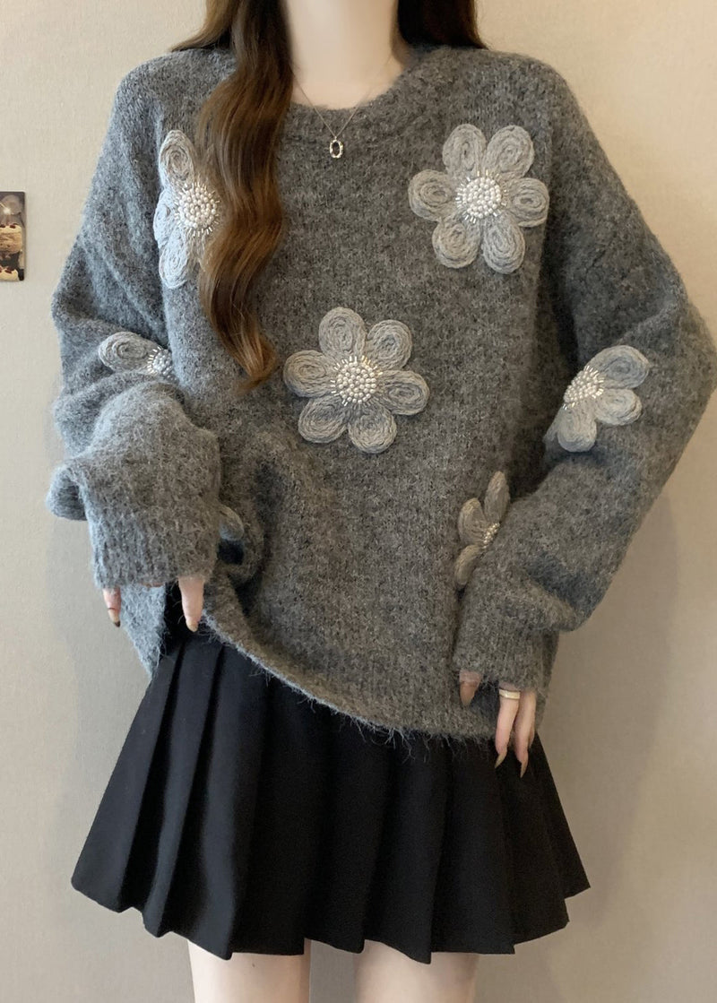 Simple Grey Oversized Knit Sweaters Winter