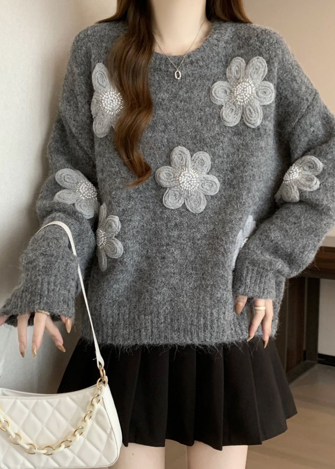 Simple Grey Oversized Knit Sweaters Winter