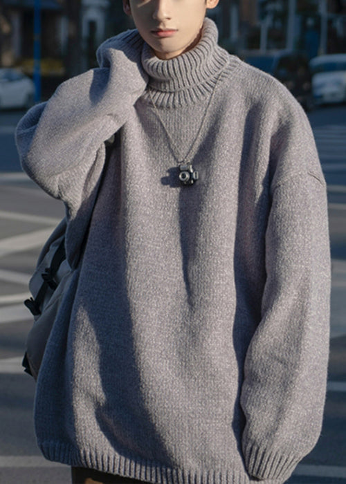 Simple Grey Turtleneck Cozy Knit Sweaters Pullover Winter