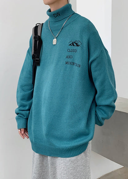 Simple Grey Turtleneck Letter Knit Sweaters Winter