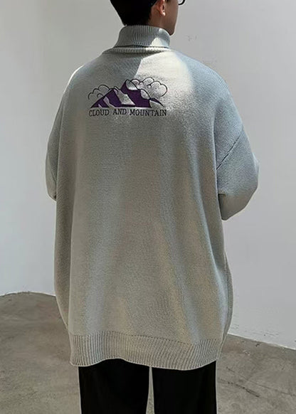 Simple Grey Turtleneck Letter Knit Sweaters Winter