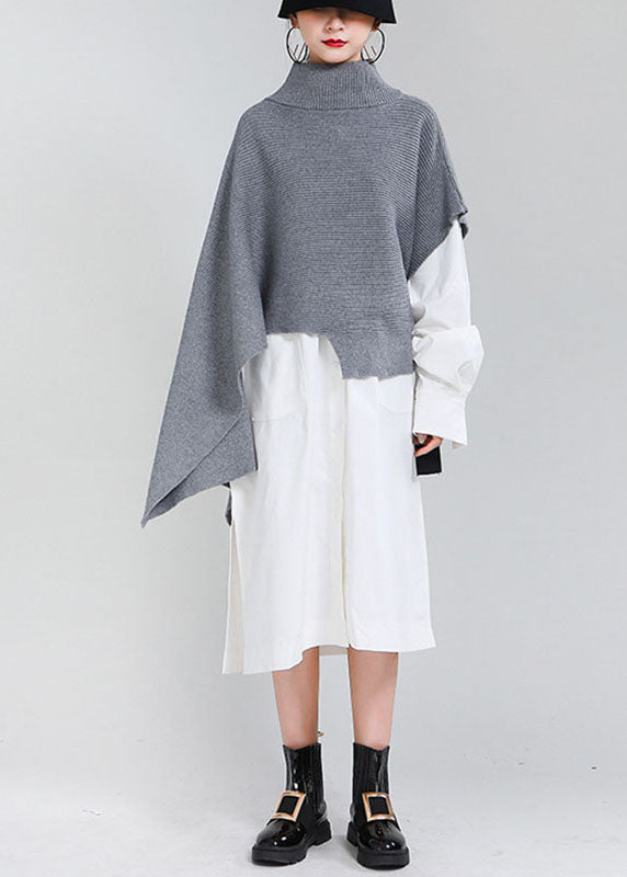 Simple Grey Asymmetrical Design Street Wear Fall Knit Sweater