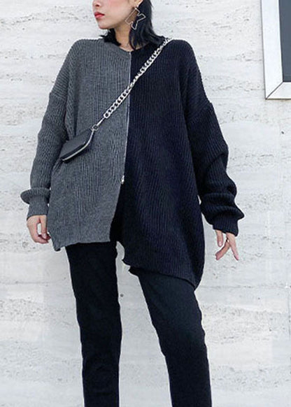 Simple Grey Side Open Zip Up Patchwork Knit Sweater Spring