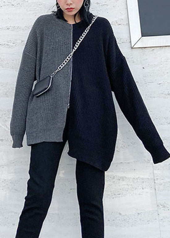 Simple Grey Side Open Zip Up Patchwork Knit Sweater Spring