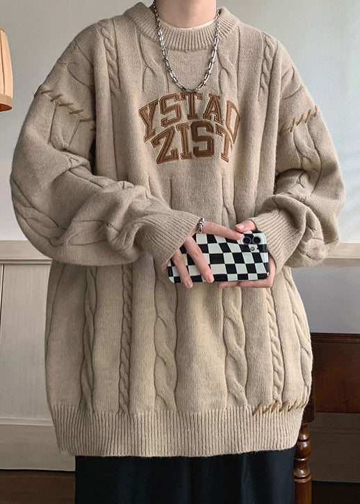 Simple Khaki O Neck Letter Cotton Knit Sweaters Winter