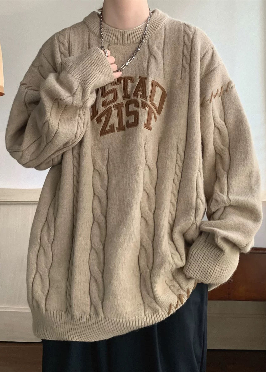 Simple Khaki O Neck Letter Cotton Knit Sweaters Winter