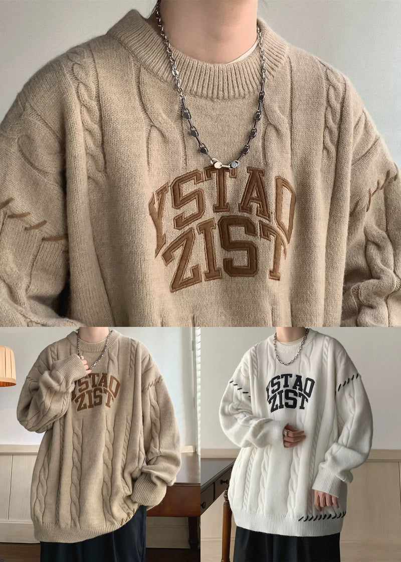 Simple Khaki O Neck Letter Cotton Knit Sweaters Winter