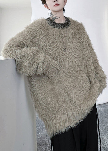 Simple Khaki O Neck Mink Velvet Sweaters Winter
