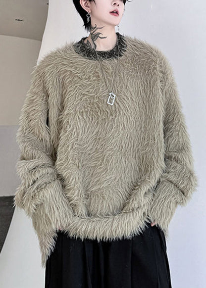 Simple Khaki O Neck Mink Velvet Sweaters Winter