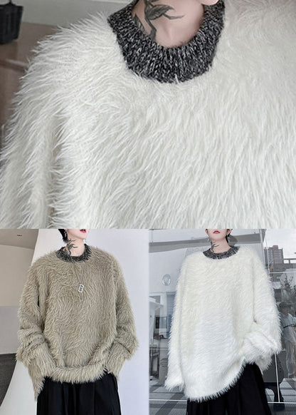 Simple Khaki O Neck Mink Velvet Sweaters Winter