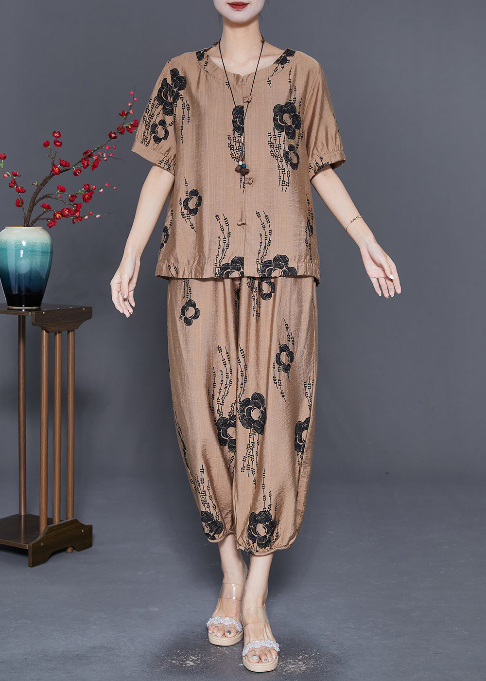 Simple Khaki Oversized Linen 2 Piece Outfit Set Summer