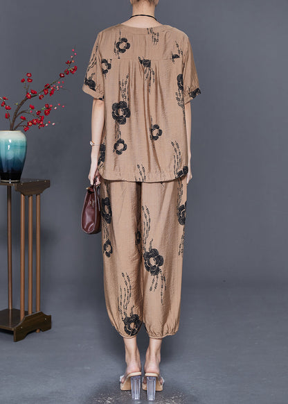 Simple Khaki Oversized Linen 2 Piece Outfit Set Summer